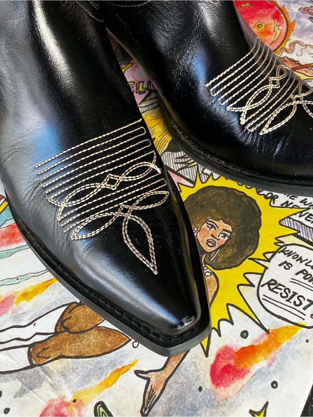 Jeffrey Campbell Black Cowboy Boots with White Spider Web Stitching - Picture 8 of 10